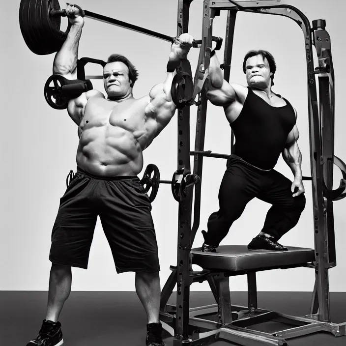 Image similar to portrait of Jack Black benching press with Arnold Schwarzenegger body, by Charlotte Grimm, natural light, detailed face, CANON Eos C300, ƒ1.8, 35mm, 8K, medium-format print