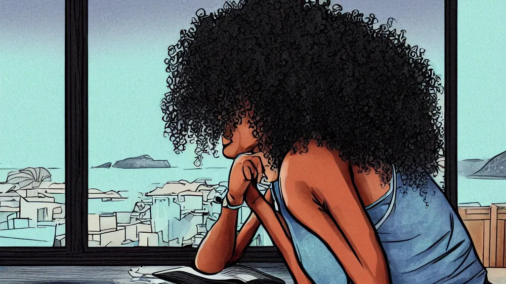 Image similar to black girl, curly hair, with headphones, studying in bedroom, window with rio de janeiro view, lo-fi illustration style, digital art, alive colors