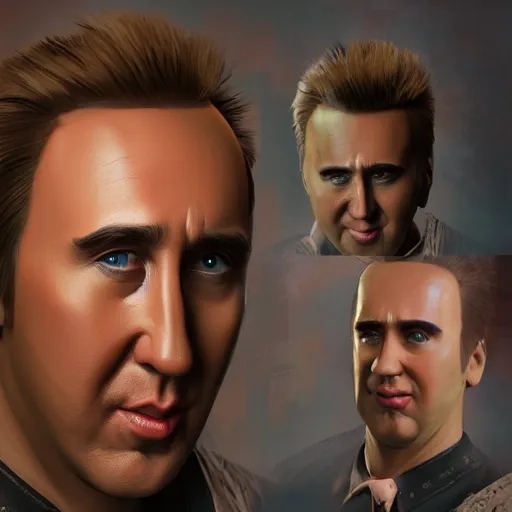 Prompt: fantasy comic book style portrait painting of Nick Cage with blonde hair dancing, unreal 5, DAZ, hyperrealistic, octane render, cosplay, RPG portrait, dynamic lighting