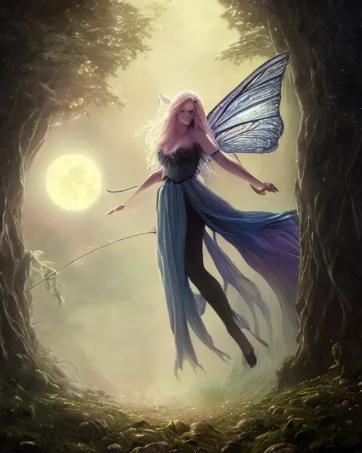 Image similar to attractive fairy goddness fly high in the night, d & d, fantasy, mist, full moon in background, trees, hyper detailed, art by artgerm and greg rutkowski and magali villeneuve, midium shot, 8 k realistic, cryengine, digital painting, trending on artstation, concept art, sharp focus, illustration,