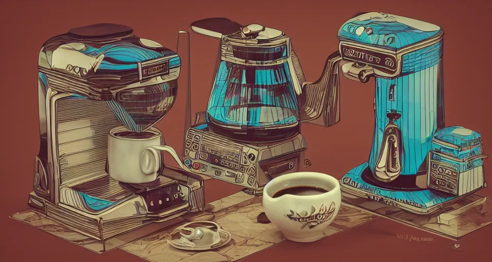 Image similar to a hyper complex drip coffee maker in the 1 9 7 0 s era kitchen, in the style of hownosm and james jean, ultimate collab, epic, digital art, 3 d, h 9 6 0