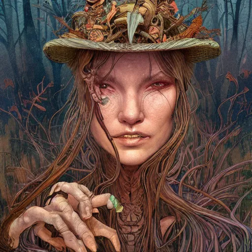 Prompt: a detailed portrait of a swamp witch, by victo ngai and justin gerard, digital art, realistic painting, high quality, very detailed, fantasy, dnd, character design, trending on artstation