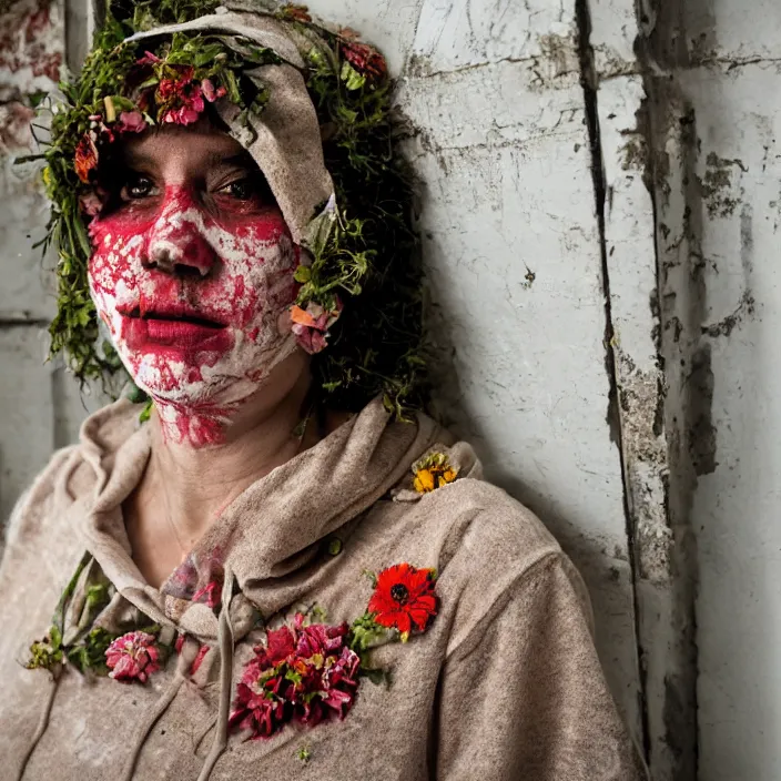 Prompt: a woman wearing a hooded cloak made of zinnias and barbed wire, in a derelict house, by Michela Riva, natural light, detailed face, CANON Eos C300, ƒ1.8, 35mm, 8K, medium-format print