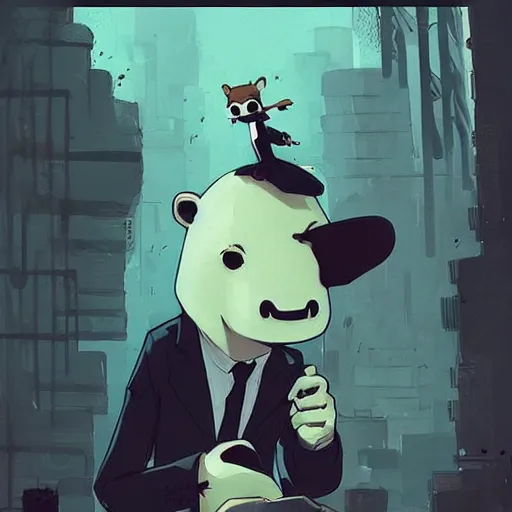 Image similar to an anthropomorphic! capybara using a black suit! by atey ghailan, by greg rutkowski, by greg tocchini, by james gilleard, by joe fenton, by kaethe butcher, grunge aesthetic!!!