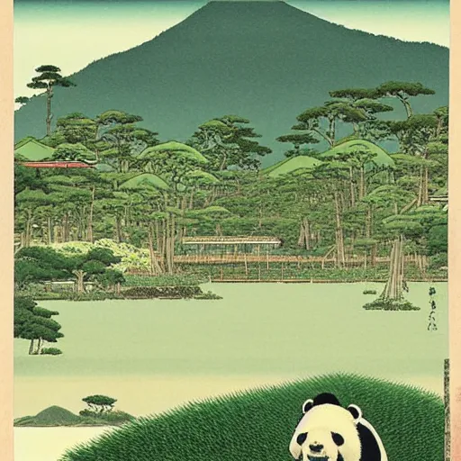 Image similar to a beautiful landscape with tropical islands and pandas on it, Kawase, Hasui