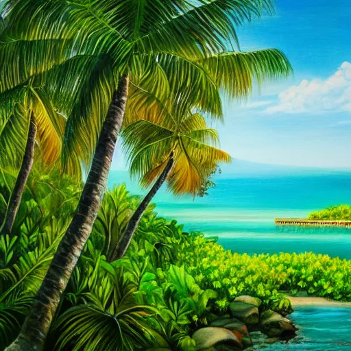 Image similar to an extremely beautiful ultra - realistic painting of a tropical island paradise with sunlight shining through vines, white sand, turquoise water, lagoons, warm, palm trees, exotic birds, peaceful, green forest, turtles, forgotten paradise, 4 k, award winning