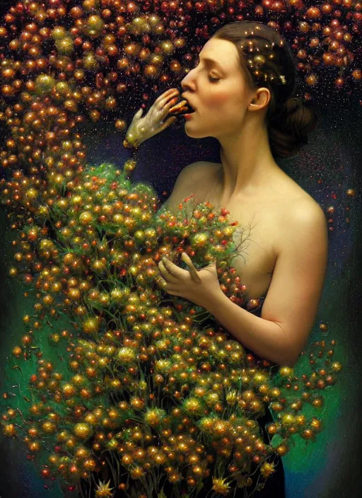 Image similar to hyper detailed 3d render like a Oil painting - Aurora (Singer) Eats of the Strangling Fruit and Her Hands full of gossamer polyp blossoms bring iridescent fungal flowers whose spores black the foolish stars by Jacek Yerka, Mariusz Lewandowski, Houdini algorithmic generative render, Abstract brush strokes, Masterpiece, Edward Hopper and James Gilleard, Zdzislaw Beksinski, Mark Ryden, Wolfgang Lettl, hints of Yayoi Kasuma, octane render, 8k