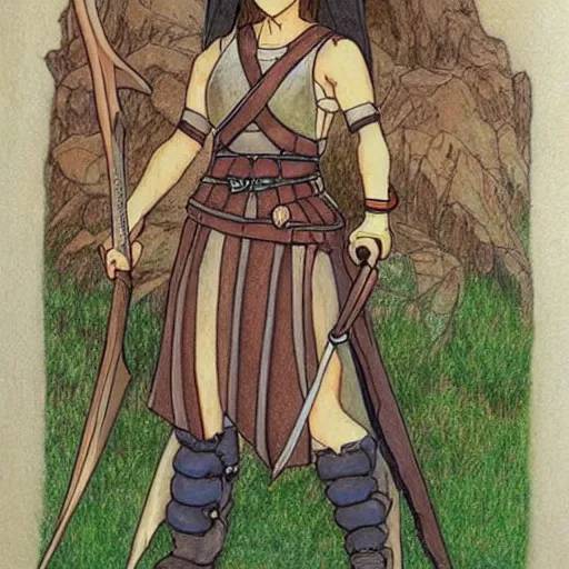 Image similar to medieval warrior girl, highly detailed, colored pencil, studio ghibli, mucha