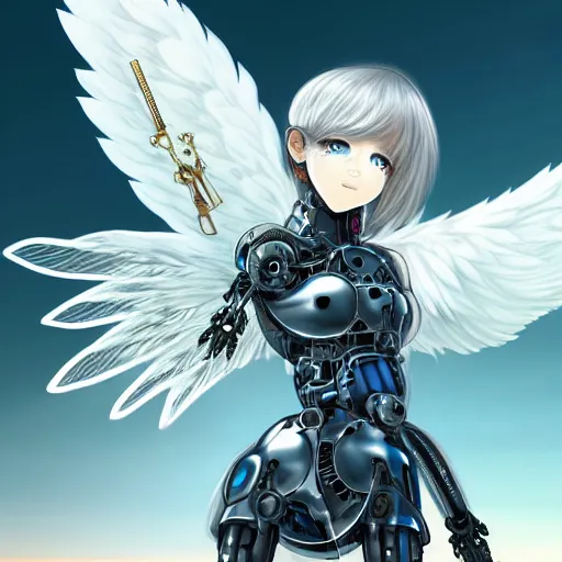 Image similar to cute small cyborg - angel girl with large angelic wings standing on the edge of a rooftop overlooking a dystopian city, left eye gold and right eye silver, biomechanical details, bionic cyborg implants, digital cyberpunk - anime art, full body shot