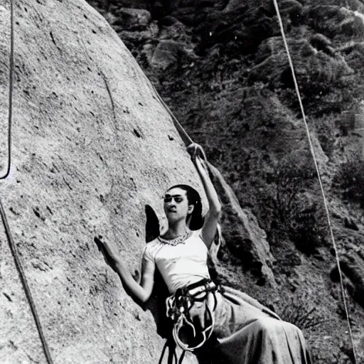 Image similar to a vintage photo of Frida kahlo rock climbing and wearing a wedding dress, 8k