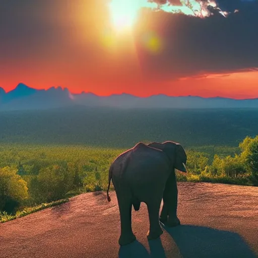 Image similar to a heroic elephant watching yesterday's sunset over the mountains in the style of synthwave