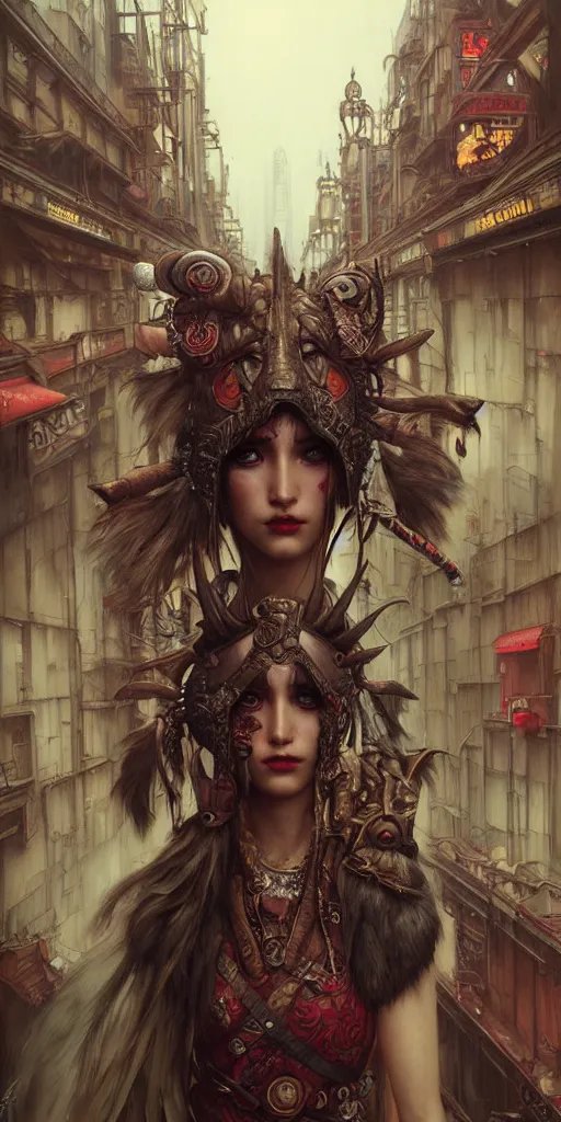 Image similar to hyper realistic Princess Mononoke, ornate mask, wet market street, cyberpunk metropolis, city landscape, jewels, style of tom bagshaw, mucha, james gurney, norman rockwell, denoised, sharp