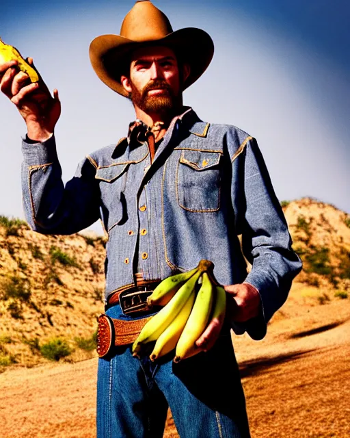 Image similar to A cowboy holding a banana, wild west duel, cinematic