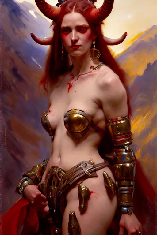 Image similar to painted close - up portrait of a attractive red - skinned intimidating demon cyborg girl with ram horns! oil painting, wearing a noblewoman's outfit, fantasy art by john singer sargent and gaston bussiere and james jean and greg rutkowski, demon noble character design, hd