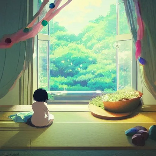 Prompt: incredible, a e s t h e t i c by makoto shinkai kokedama. a beautiful conceptual art harmony of colors, simple but powerful composition. a scene of peaceful domesticity, with a mother & child in the center, surrounded by a few simple objects. colors are muted & calming, serenity & calm.