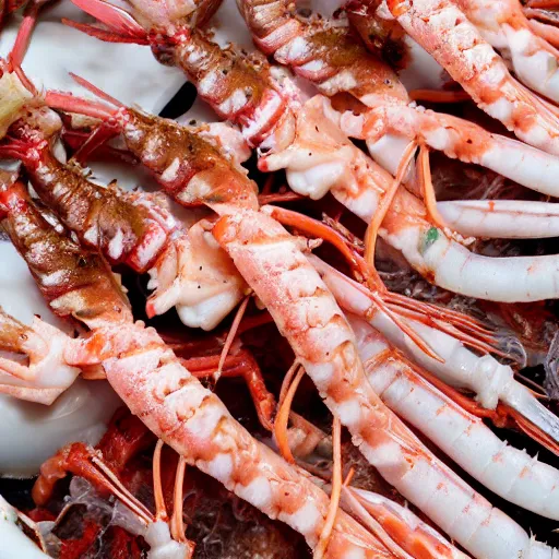 Prompt: macro photo of gourmet langoustines served on a pile of bleached dead coral