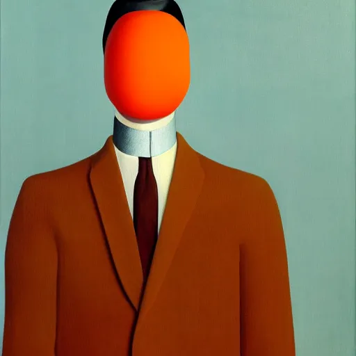 Prompt: portrait of a man in a suit with an orange in front of his face, full body shot, painting by rene magritte, high detail, high resolution