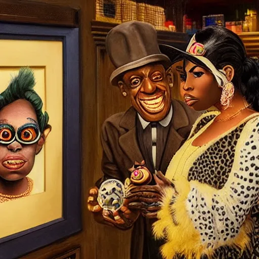 Prompt: beautiful lifelike painting of flava flav and amy winehouse buying a rare furby collection in downton abbey, hyperreal detailed facial features and uv lighting, art by ed roth and basil wolverton