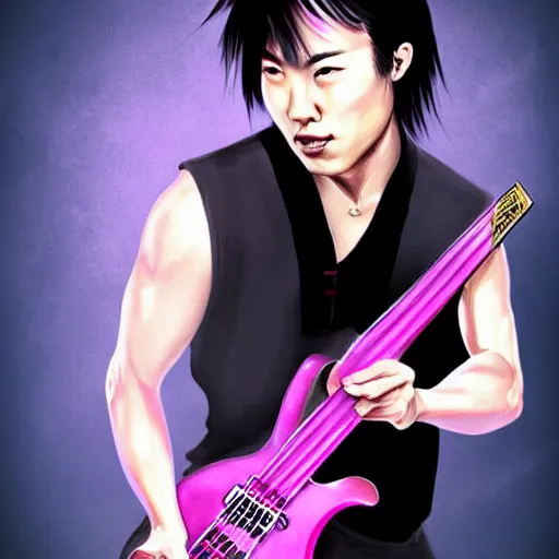 Prompt: chinese rocker guy with short hair wearing a serious expression, wearing a black vest and playing a pink guitar, smoke in the background, full color digital illustration in the style of frank frazetta,, artgerm, artstation trending