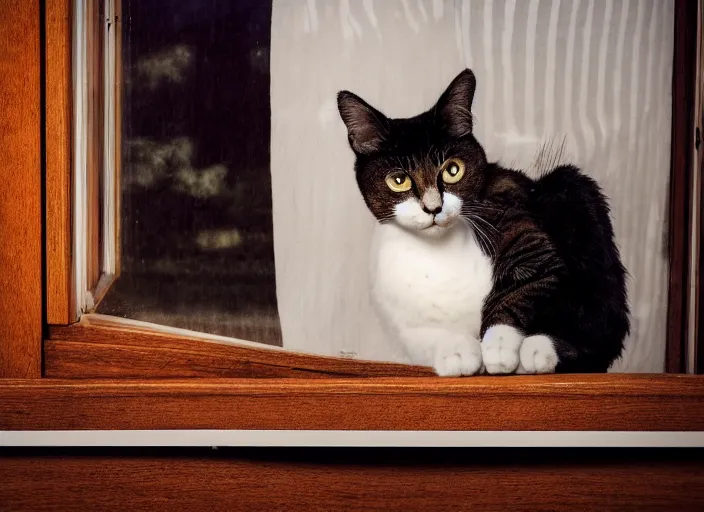 Image similar to photography of a Cat . watching outside the window. on a bed. in a 70's room full of vinyls and posters, photorealistic, award winning photo, 100mm, sharp, high res