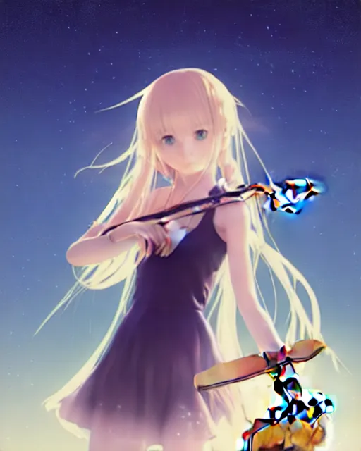 Image similar to teen, cute, melancholy, full body, cat girl, white skin, golden long wavy hair, holding a violin and playing a song, stunning art style, filters applied, lunar time, night sky, trending art, sharp focus, centered, landscape shot, fate zero, simple background, studio ghibly makoto shinkai yuji yamaguchi, by wlop