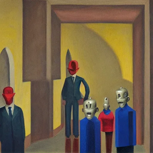 Image similar to drab workers wearing masks walking along cloisters, vault, rotunda, brutalist courtyard, watched by robots, dystopian, pj crook, edward hopper, oil on canvas