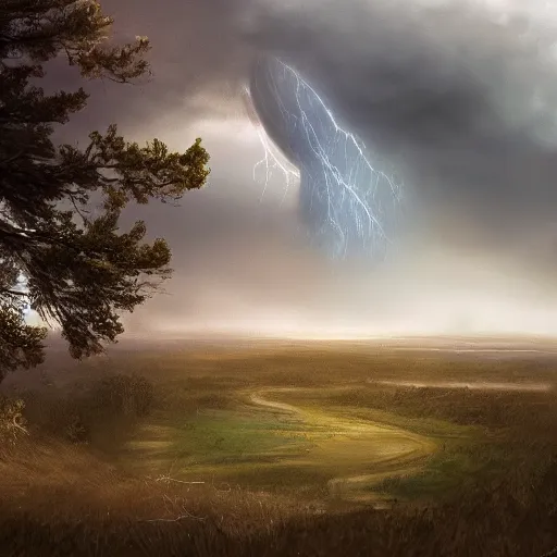 Image similar to a tornado in the distant landscape, hdr, artstation, shuttershock, 4 dimensions