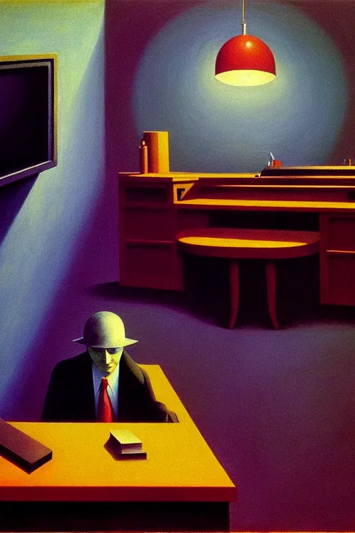 Image similar to a big eye in the television watching a man working, edward hopper and james gilleard zdzislaw beksisnski higly detailed