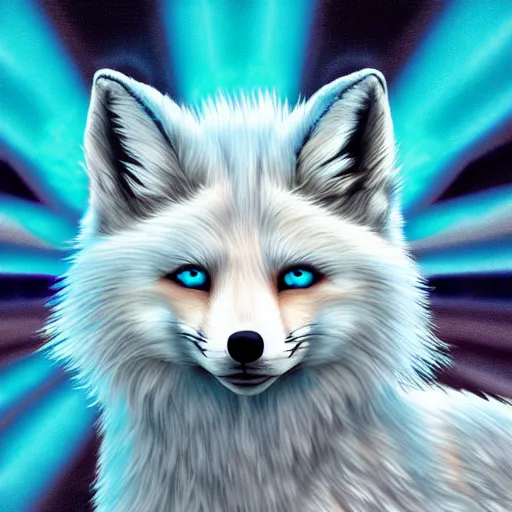 Prompt: digital sky blue and white fox, retrowave palette, digital world, highly detailed, electric breeze, anatomically correct vulpine, synth feel, fluffy face, ear floof, flowing fur, super realism, accurate animal imagery, 4 k digital art