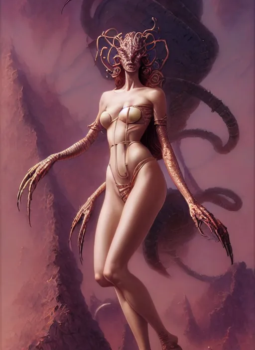 Image similar to girls posing seductively, fantasy character portrait, bikini, bodysuit, leotard, ultra realistic, wide angle, intricate details, the fifth element artifacts, highly detailed by peter mohrbacher, hajime sorayama, wayne barlowe, boris vallejo, aaron horkey, gaston bussiere, craig mullins