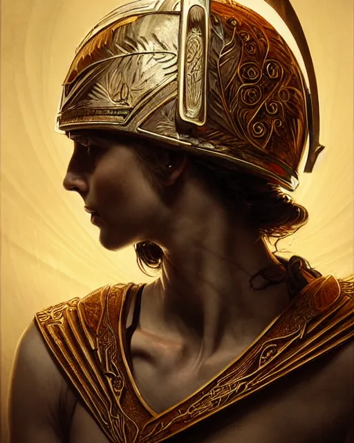 Prompt: Energetic rock guitarist wearing a roman helmet, art deco, fantasy, intricate art deco leaf designs, elegant, highly detailed, sharp focus, art by Artgerm and Greg Rutkowski and WLOP