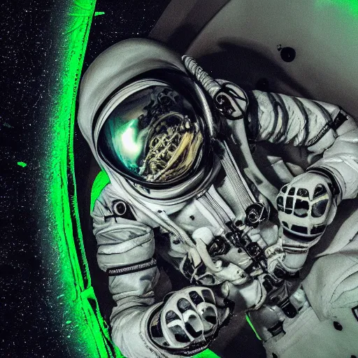 Image similar to skeleton inside a spacesuit in the ocean, green tint, feeling of dread, photo, 4k, very grainy