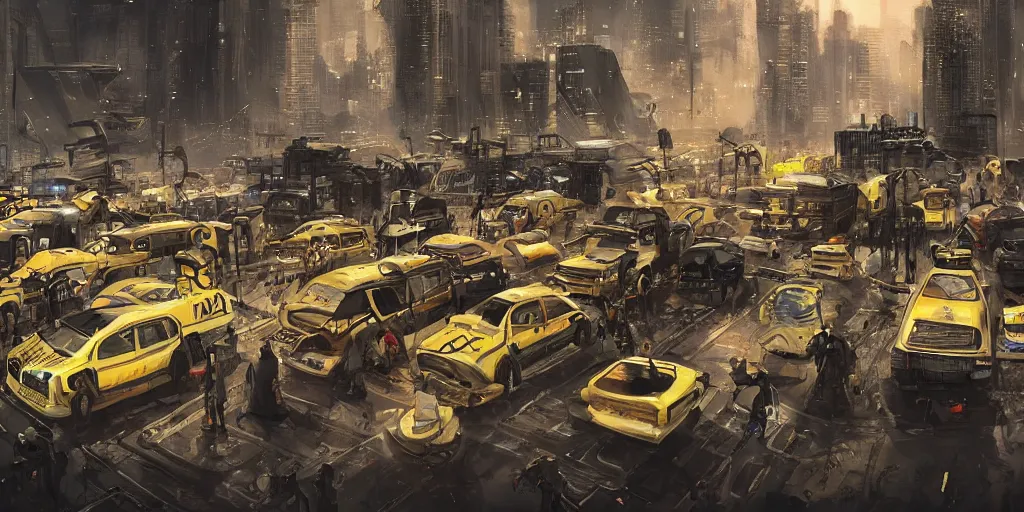 Prompt: afrofuturist taxi rank busy dystopian sci - fi trending on artstation