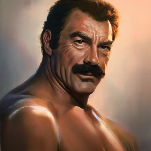 Image similar to ultra realistic head and shoulders portrait painting of tom selleck as johnny silverhand in cyberpunk 2 0 7 7, art by frank frazetta, 4 k, ultra realistic, highly detailed, epic lighting