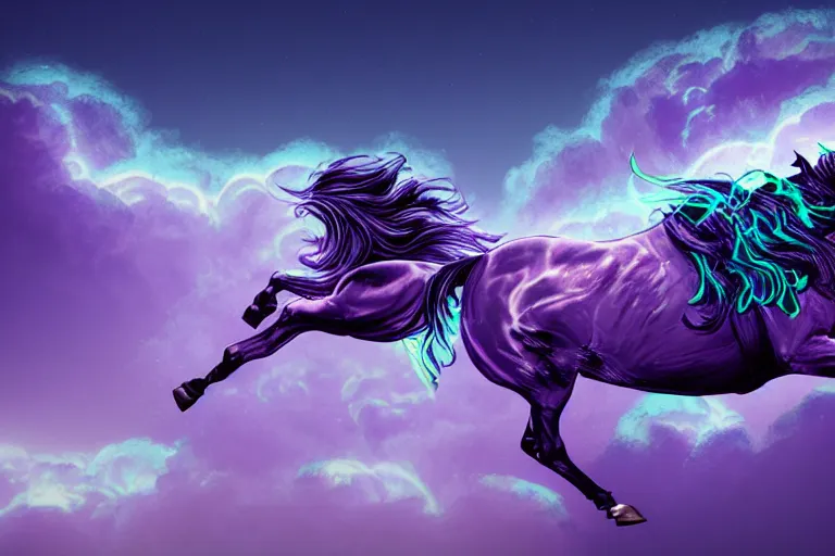 Image similar to a stunning horse with bioluminescent mane and tail running in the clouds by sandra chevrier and greg rutkowski, purple blue color scheme, celtic neon runes, vaporware, retro, outrun, high key lighting, volumetric light, digital art, highly detailed, fine detail, intricate, ornate, complex, octane render, unreal engine, photorealistic