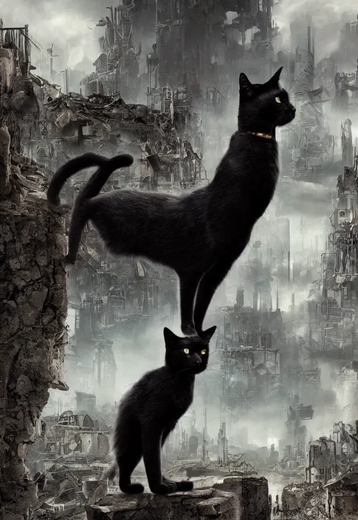 Image similar to A black cat standing on a rock, in the background is a destroyed dystopian city with mist, steampunk, digital art, very detailed, movie poster made by drew struzan, realistic