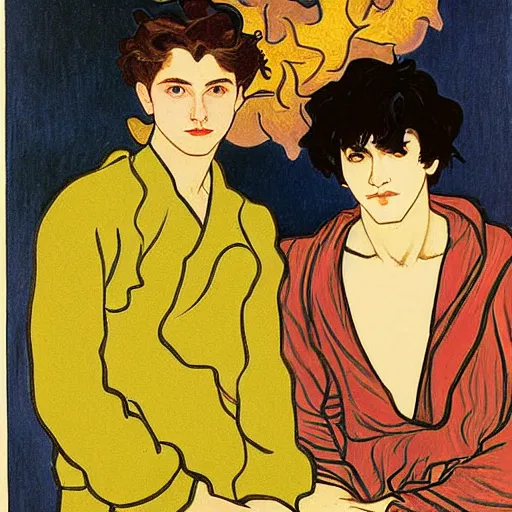 Image similar to painting of young cute handsome beautiful dark medium wavy hair man in his 2 0 s named shadow taehyung and cute handsome beautiful min - jun together at the halloween party, bubbling cauldron, candles, smoke, tarot, autumn colors, elegant, stylized, soft facial features, delicate facial features, art by alphonse mucha, vincent van gogh, egon schiele