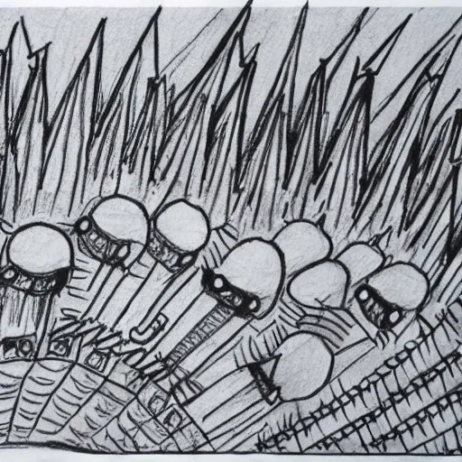 Prompt: very simple ballpoint pen line drawing of a furnace with spiky toothed demons around it, pen on paper simple drawing by a child, no shading