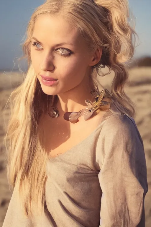 Image similar to vintage photograph of an olive blonde female model with dirty blonde hair in her twenties, her hair pinned up, wearing a designer top, looking content, focused on her neck, photo realistic, extreme detail skin, natural beauty, no filter, slr, golden hour, 4 k, high definition, selfie