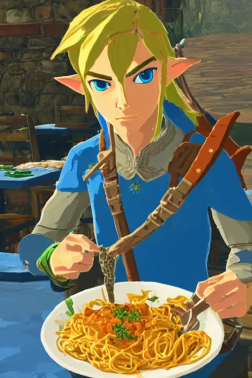 Image similar to in game footage of link from the legend of zelda breath of the wild eating spaghetti at a restaurant, breath of the wild art style.