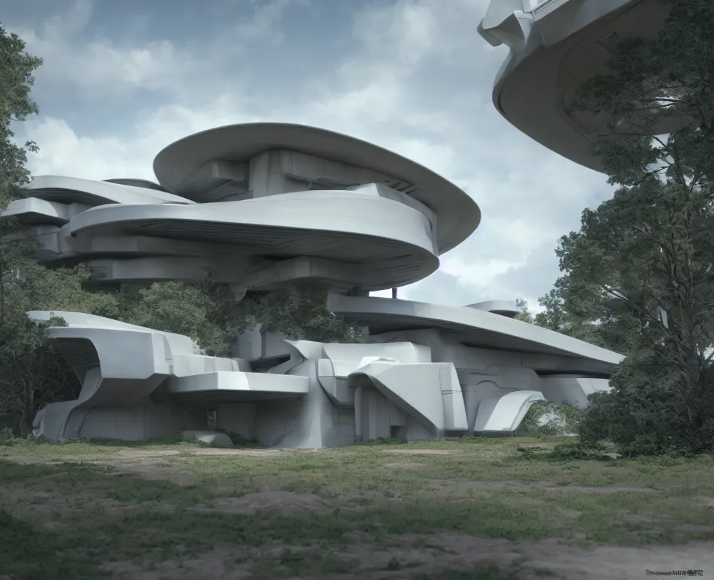 Image similar to futuristic sci-fi articulate rural architectural masterpiece by frank Lloyd wright and Zaha hadid, detailed, octane render, photo realism, 3D, ray tracing, photo realism