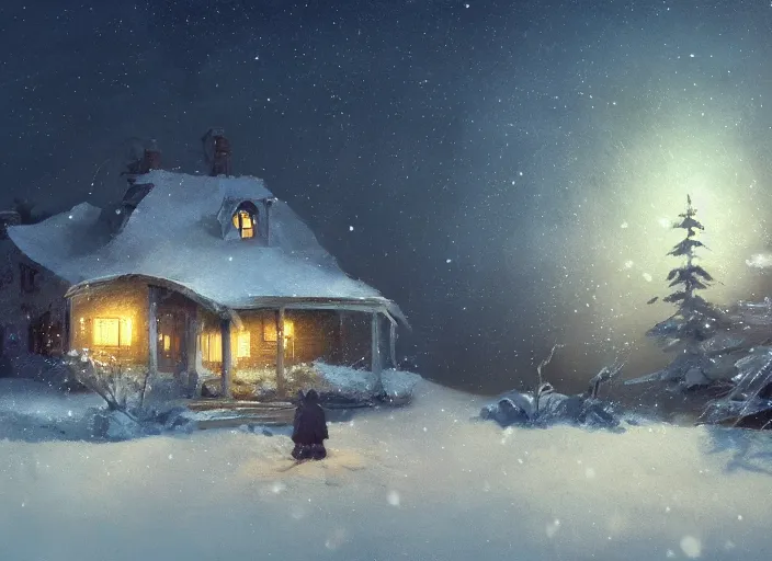 Image similar to snow - covered small house, night, stars in the sky, the milky way in the sky, winter landscape, painting by craig mullins, octane rendering, wide angle lens, in the style of hayao miyazaki, trending on artstation,