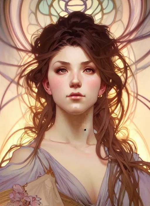 Image similar to digital character concept art by artgerm and greg rutkowski and alphonse mucha. clear portrait of a modern young wife blessed by god to unstoppably grow more perfect and fertile!! blonde, in clothes! holy full - figured! light effect. hyper detailed, glowing lights!! intricate, elegant, digital painting, artstation, smooth, sharp focus