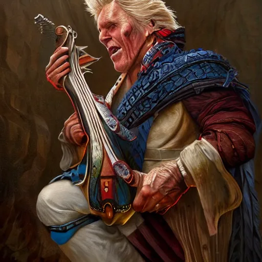 Image similar to detailed photo of a Half-orc bard portrayed by Gary Busey playing a lute, 8k,by Tristan Eaton, Stanley Artgermm, Tom Bagshaw, Greg Rutkowski, Carne Griffiths, trending on DeviantArt, face enhance, hyper detailed ,full of color, dramatic lightning, epic stance