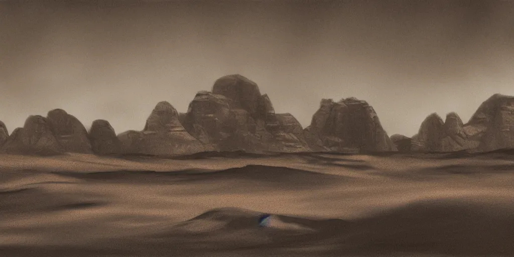 Image similar to a realistic sepia - toned photorealistic painting of wadi rum at night, dark, brooding, atmospheric, lovecraft