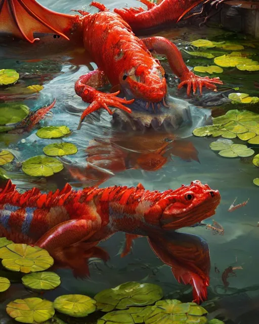 Image similar to game character beautiful pond dragon half fish half salamander, wet amphibious skin, red salamander, axolotl creature, koi pond, korean village by Ruan Jia and Gil Elvgren, fullbody