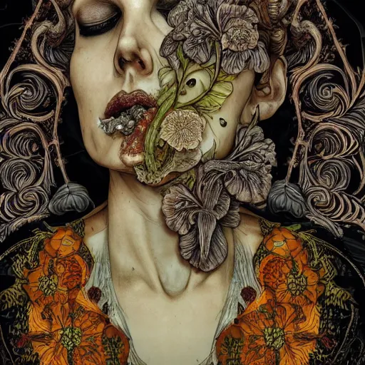 Image similar to a beautiful detailed front view portrait of a rotten woman corpse with fractal plants and fractal flowers and mushrooms growing around, symmetrical, ornate, ornamentation, illustration, in the style of art nouveau