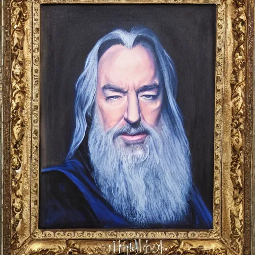 Prompt: A portrait of Alan Rickman depicted as Albus Dumbledore, oil painting