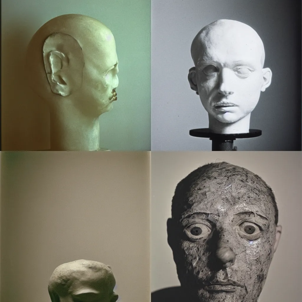 Prompt: studio photograph of a mixed media surrealist sculpture of a human head by armand fernandez, francis bacon and cy twombly, 3 5 mm, leica