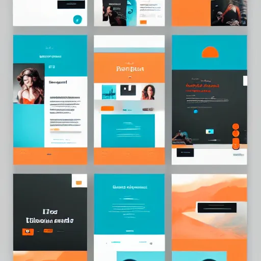 Prompt: modern UI/UX icons for an artistic website, teal and orange colour palette, layout design, template sheet